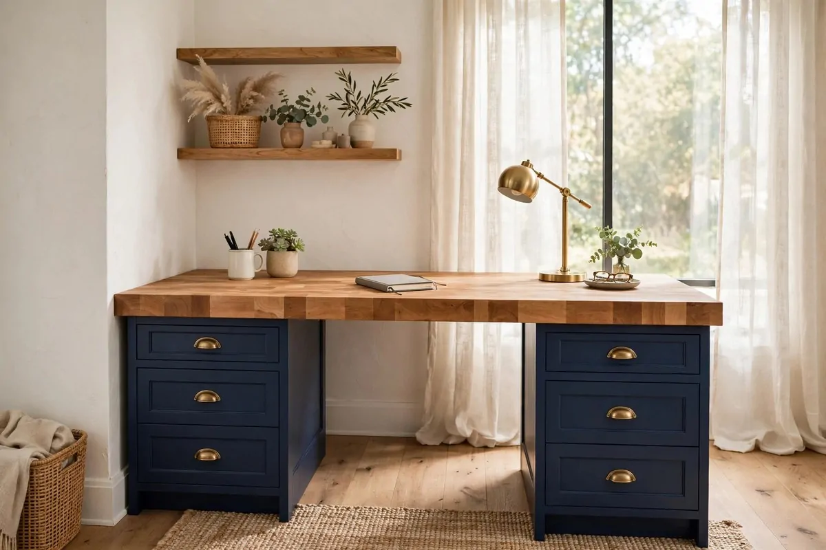 35 Home Office Inspiration Looks You'll Want to Copy Right Now 22 Butcher block desk top mounted on cabinets in a home office