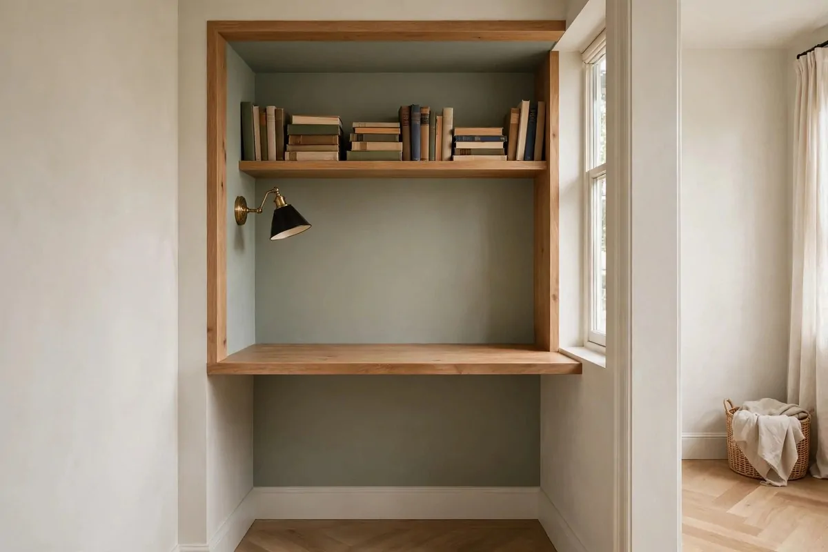 35 Home Office Inspiration Looks You'll Want to Copy Right Now 23 Built in nook desk tucked into an alcove