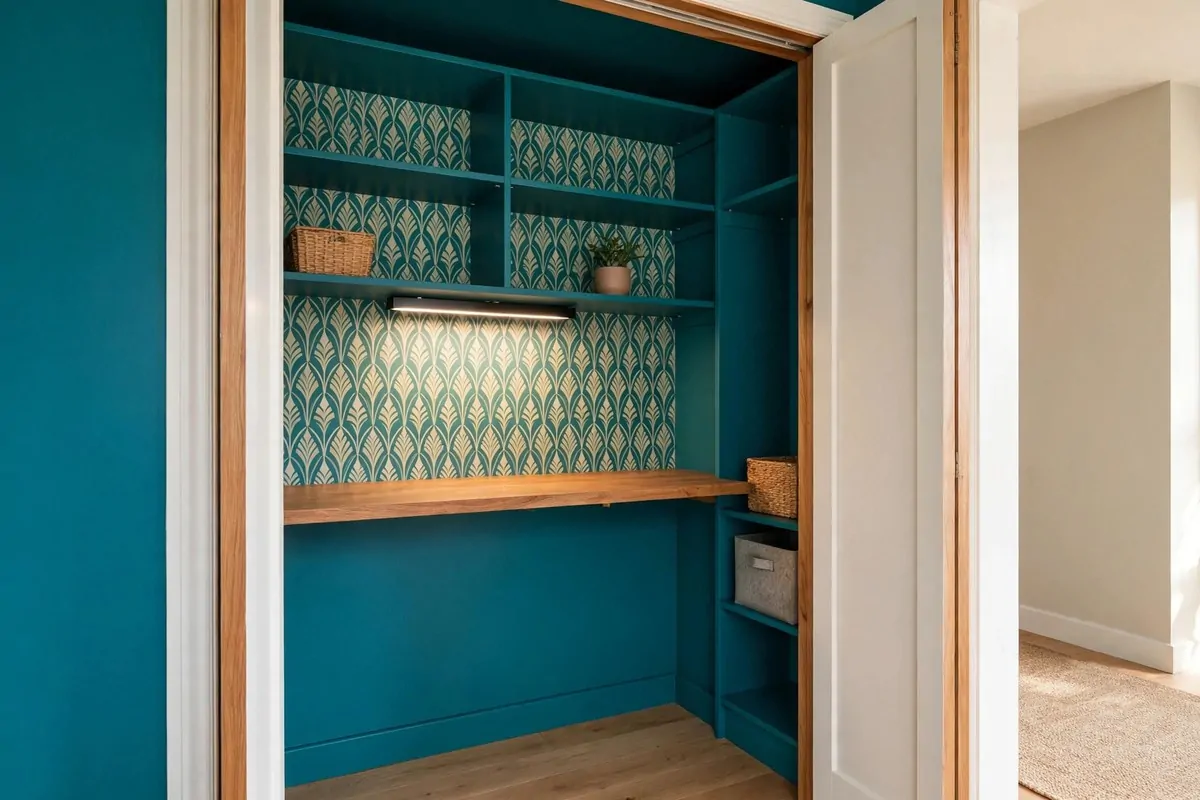 35 Home Office Inspiration Looks You'll Want to Copy Right Now 24 Small closet office tucked inside an open closet