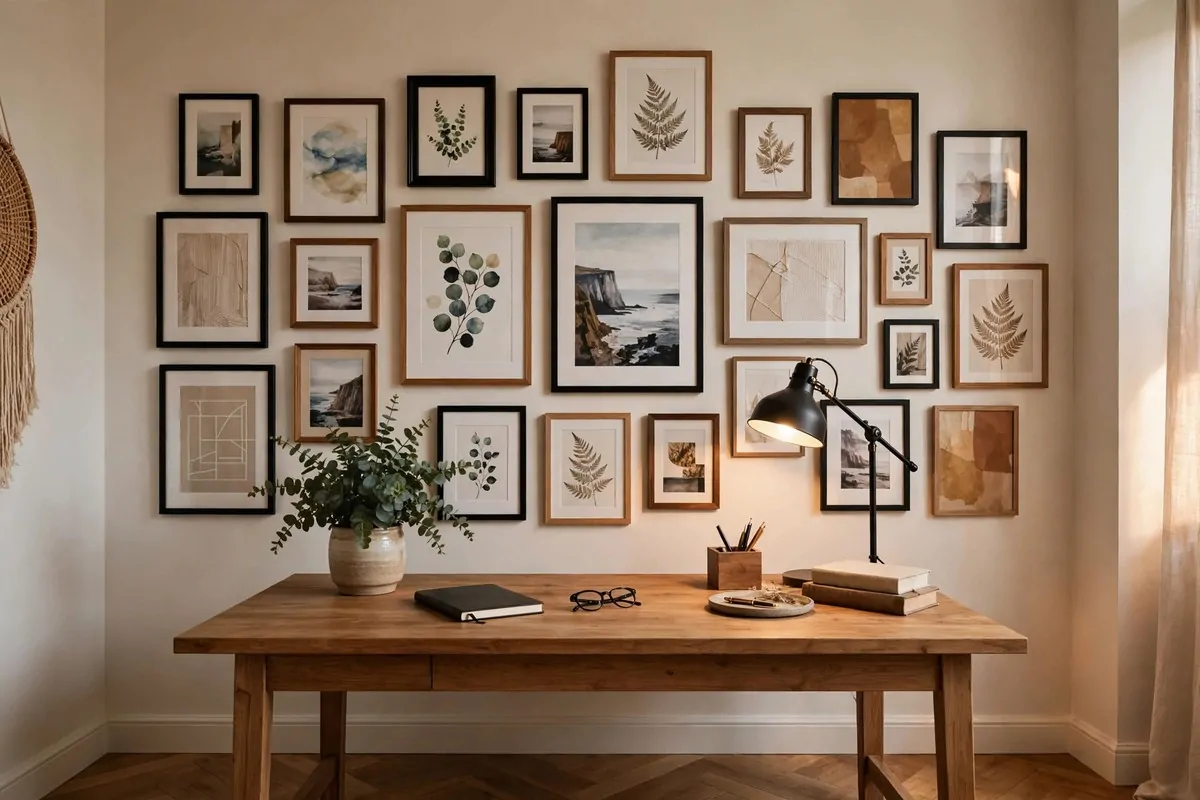 35 Home Office Inspiration Looks You'll Want to Copy Right Now 29 Gallery wall of framed prints behind a home office desk