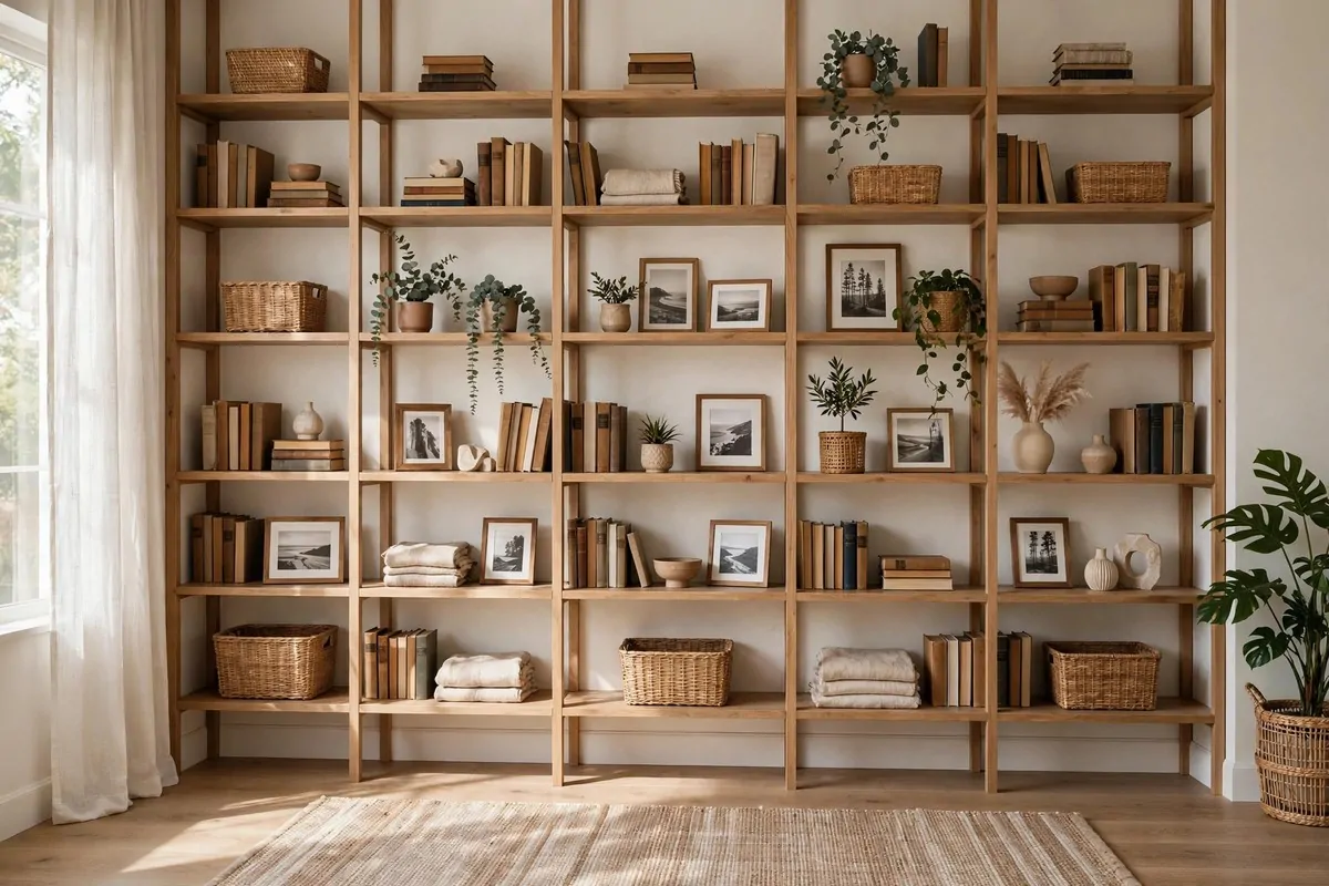 35 Home Office Inspiration Looks You'll Want to Copy Right Now 30 Open shelving display wall in a home office