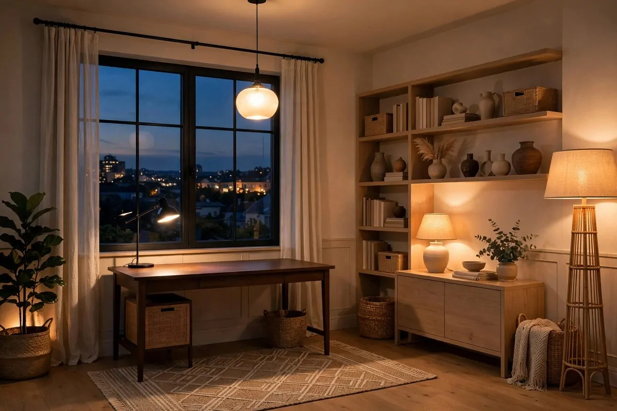 35 Home Office Inspiration Looks You'll Want to Copy Right Now 32 Layered lighting in a home office with lamp task light and pendant