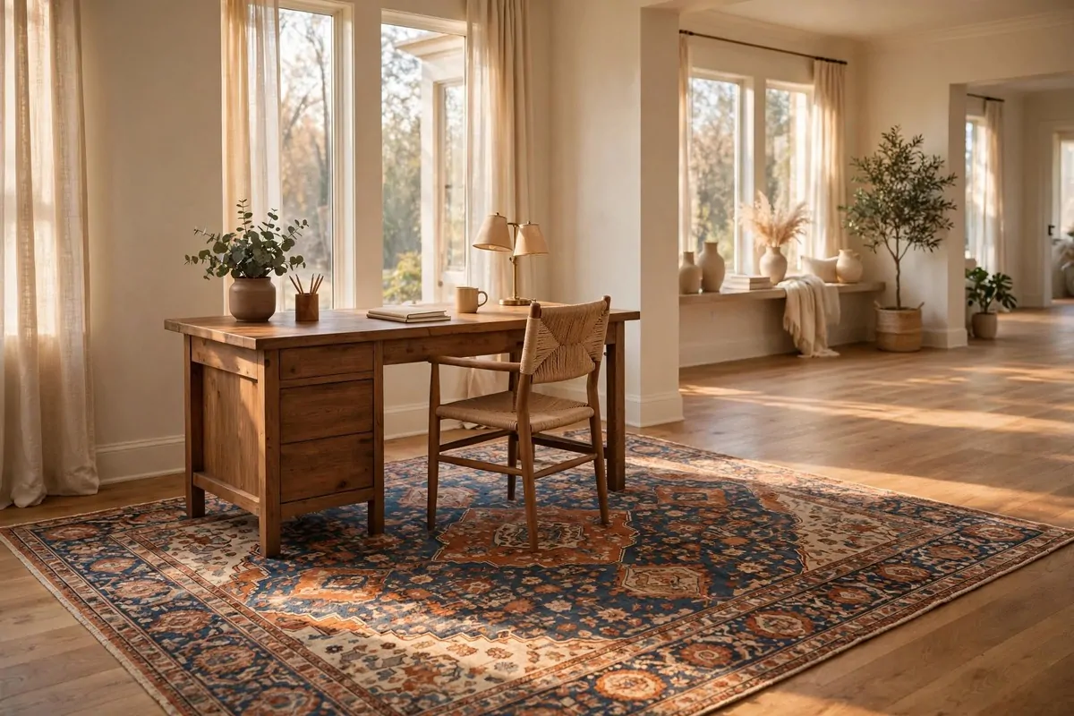 35 Home Office Inspiration Looks You'll Want to Copy Right Now 33 Big area rug zoning a home office corner