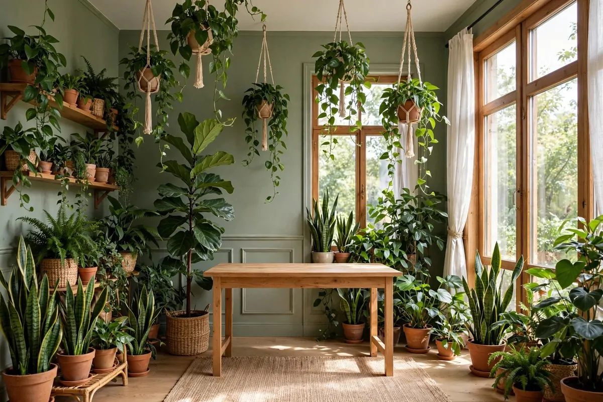 35 Home Office Inspiration Looks You'll Want to Copy Right Now 34 Plant filled green home office with lush indoor plants