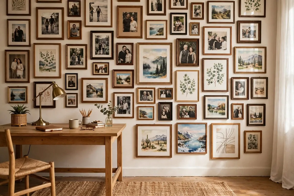 35 Home Office Inspiration Looks You'll Want to Copy Right Now 35 Home office walls covered in personal art and framed photos