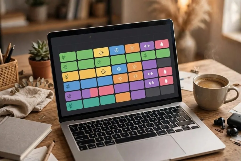 Laptop on a desk showing an auto-scheduled weekly calendar with time blocks