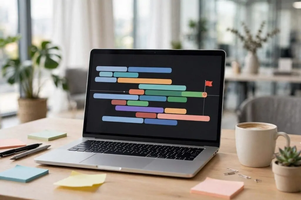 Laptop showing a project timeline with auto-arranged daily tasks
