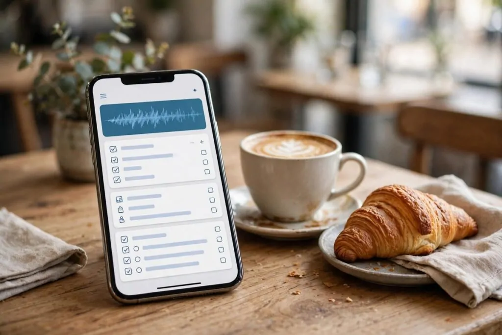 Smartphone on a cafe table showing a voice-captured notes app with organized tasks
