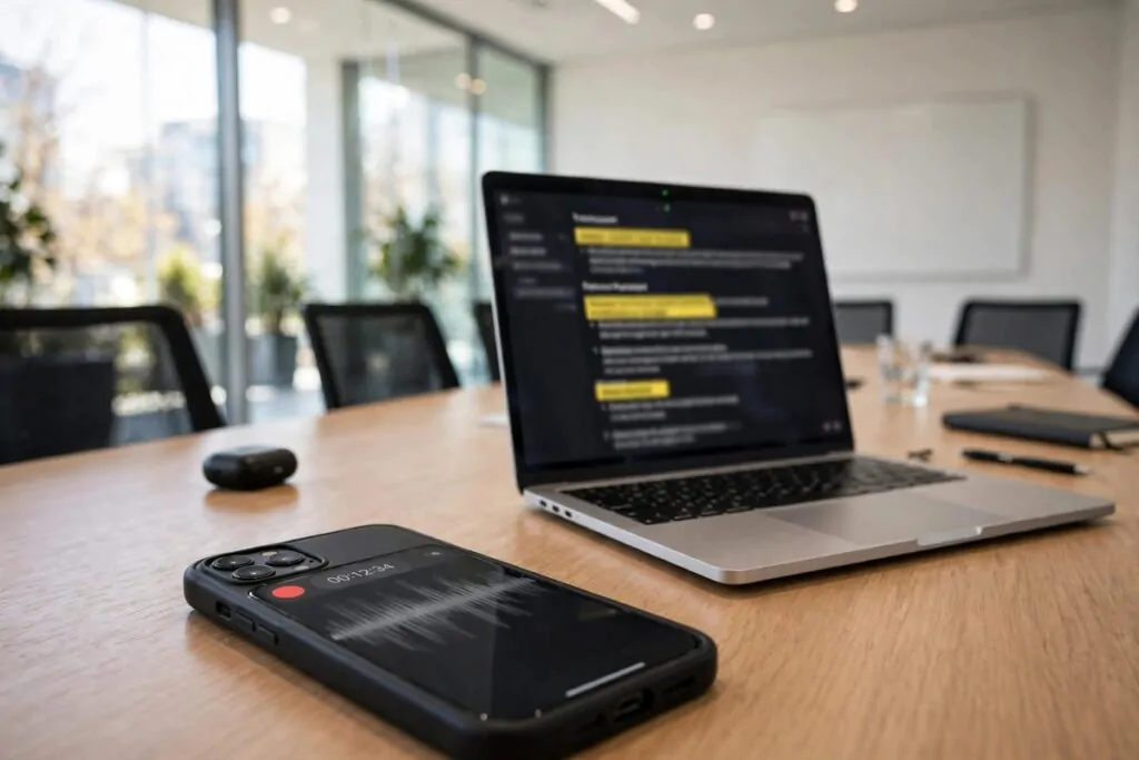 Phone recording on a meeting table with a laptop showing a live transcript