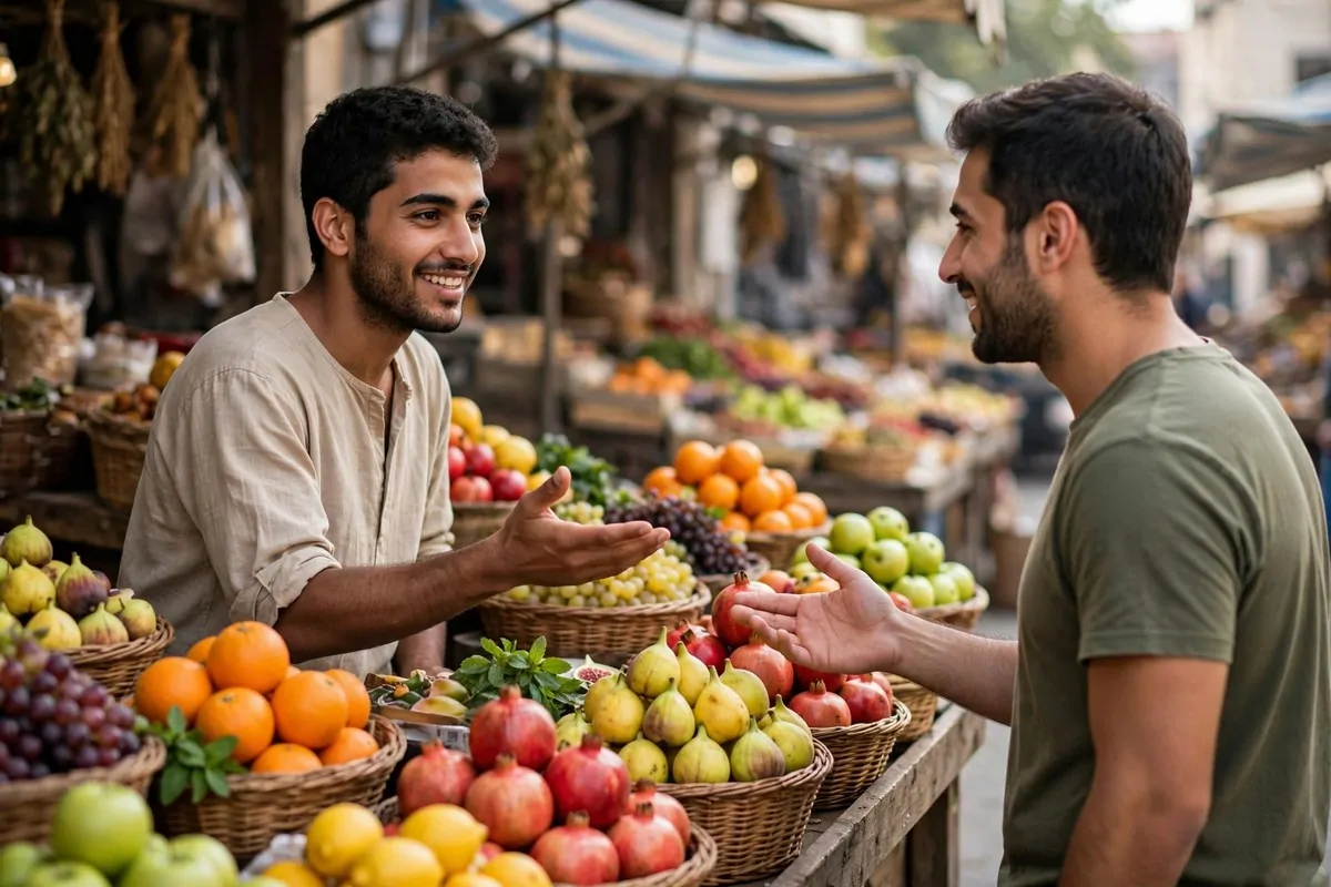 Friendly young shopkeeper chatting with a customer at his market stall, showing how to get more leads without paid ads.