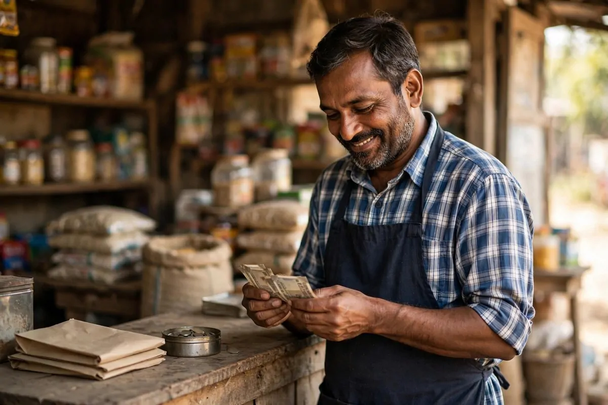 Smiling small business owner at the counter of his shop, showing a practical way to increase business revenue.