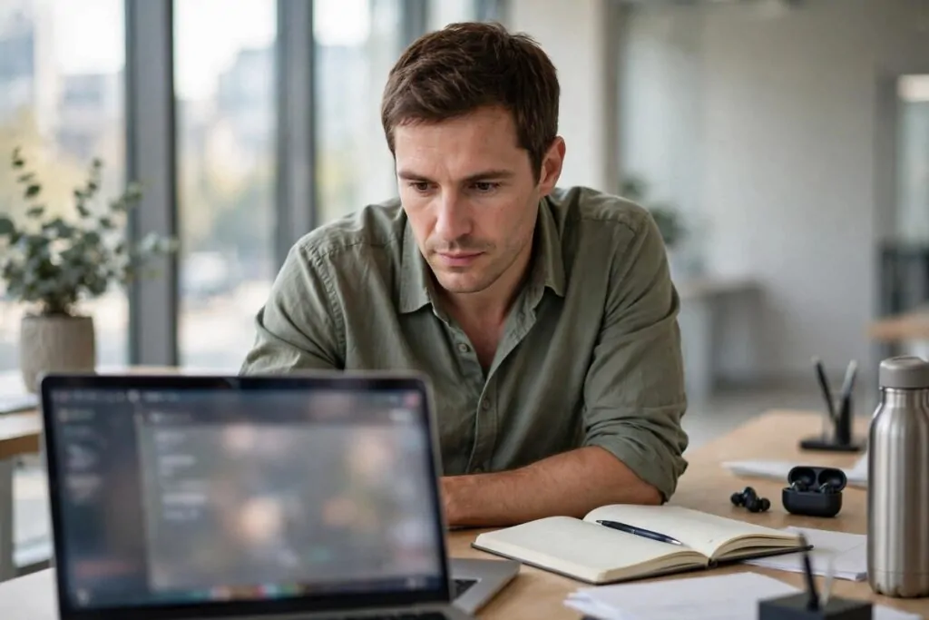 Ultra photorealistic real photograph, natural light, candid moment: a focused man in his late thirties with short brown hair and a smart casual shirt, sitting at a bright modern office desk looking at a laptop screen, open notebook and pen beside him, large windows with soft daylight, believable everyday work scene, no text anywhere in the image, no women or girls, bold clear subject, Google Discover friendly editorial quality.