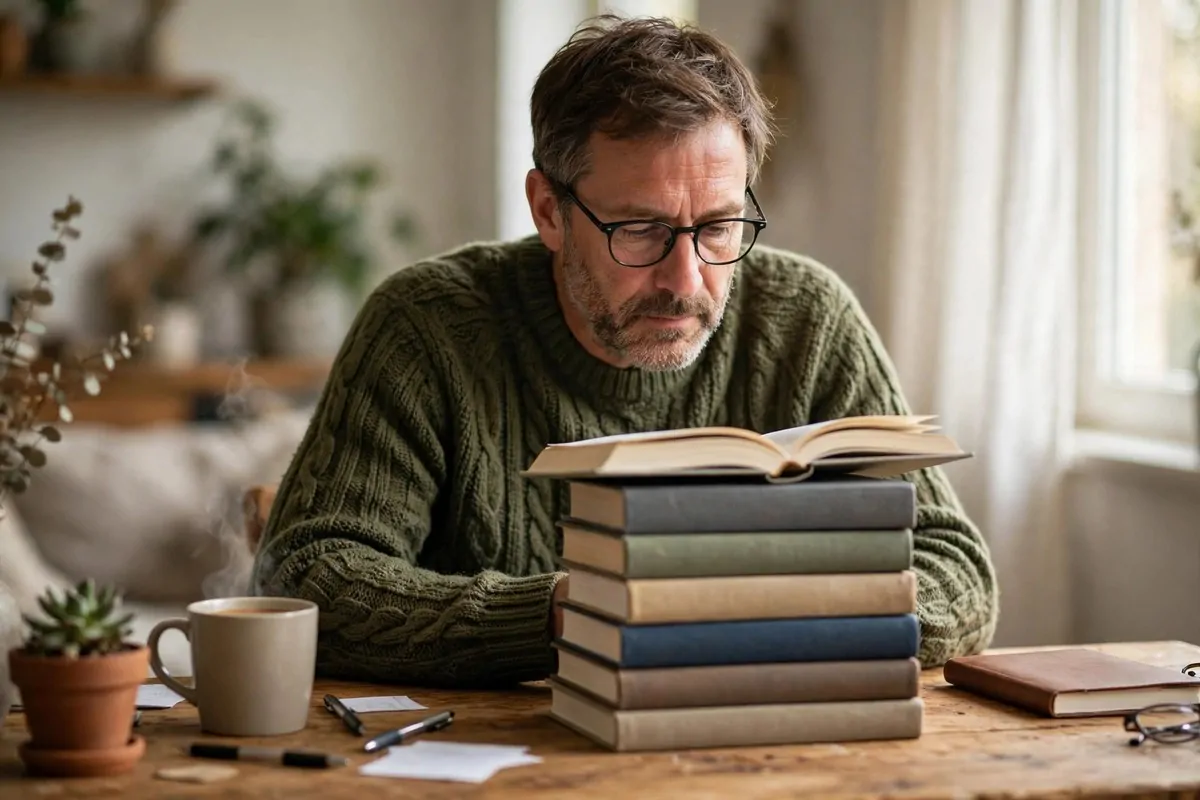 10 Best Psychology Books From 50 I've Read (The Ones That Actually Changed Me) 1 Photorealistic photo of a thoughtful man in his forties reading a tall stack of psychology books at a warm wooden home desk, candid and calm.