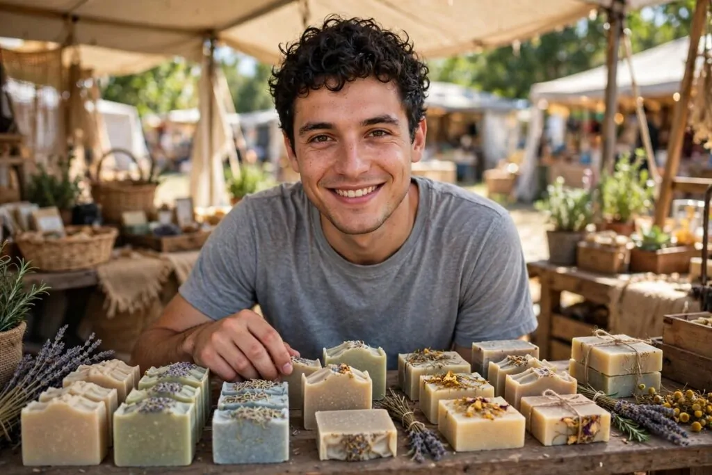 Ultra photorealistic real photograph, natural light, candid, a young adult man with short curly dark hair wearing a plain t-shirt at a small sunny weekend market stall arranging handmade soap bars on a wooden table, warm proud smile, bold clear subject, Google Discover friendly, no text in the image, no women.