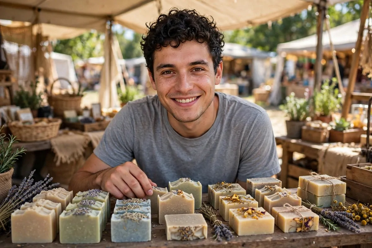 5 Gentle Reasons Why Small Losses and Big Wins Can Pay Off in Your Daily Life 1 Ultra photorealistic real photograph, natural light, candid, a young adult man with short curly dark hair wearing a plain t-shirt at a small sunny weekend market stall arranging handmade soap bars on a wooden table, warm proud smile, bold clear subject, Google Discover friendly, no text in the image, no women.