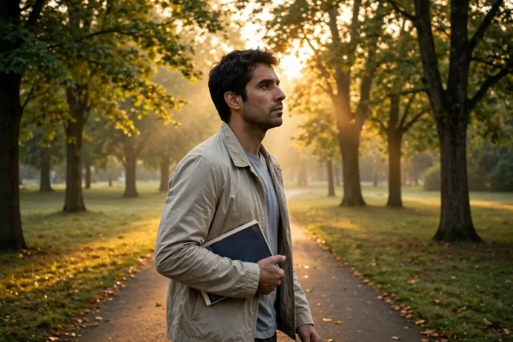 Ultra photorealistic real photograph, natural light, candid moment: a thoughtful man in his early thirties with dark hair and a light jacket, walking alone along a quiet tree-lined park path at sunrise holding a paperback book under his arm, warm golden morning light through the trees, believable everyday scene, no text anywhere in the image, no women or girls, bold clear subject, Google Discover friendly editorial quality.