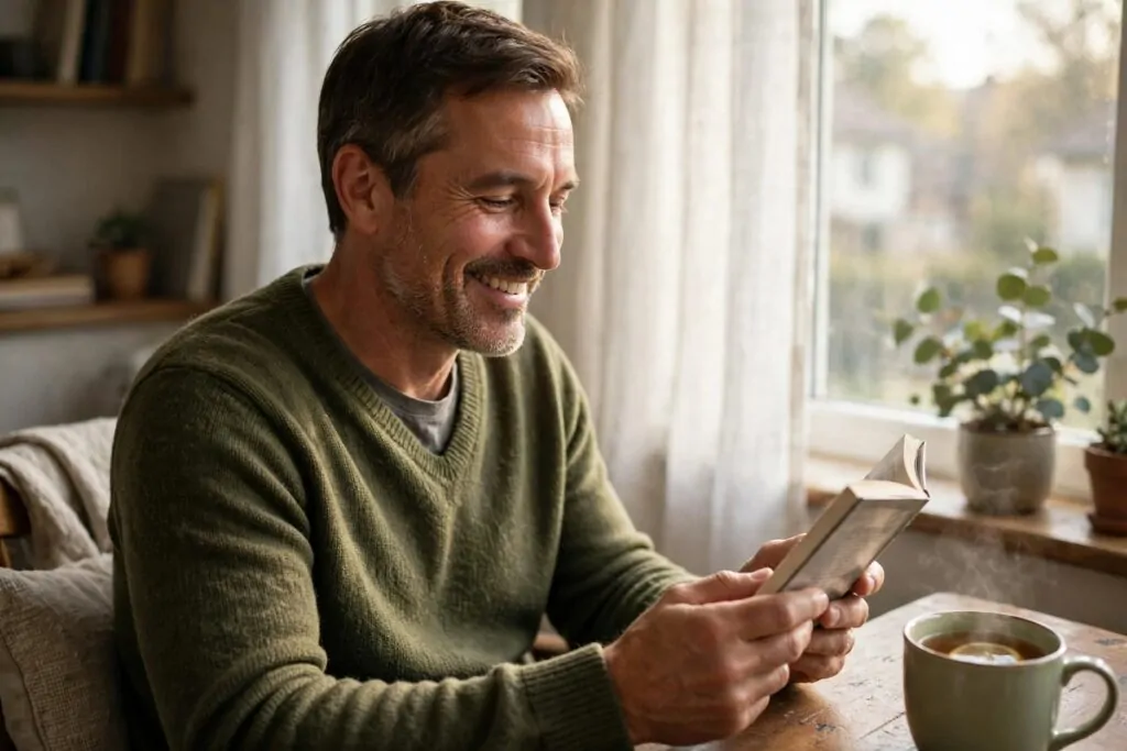 Photorealistic photo description of a different man finishing a slim book in one sitting by a window, matches a one-day-reads title, no women