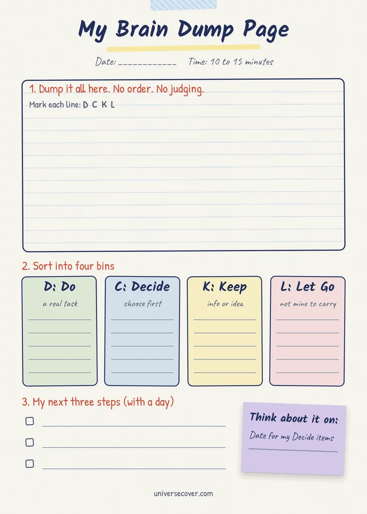 How to Use Brain Dumping to Organize My Thoughts 3 Four sticky notes showing the Do, Decide, Keep, and Let Go bins with a question and example for each