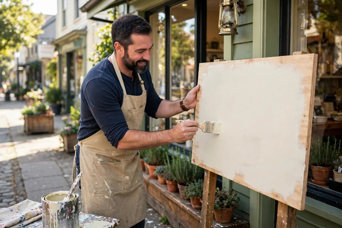 Friendly bearded craftsman painting a blank wooden shop sign outdoors, showing branding tips for small business in morning light