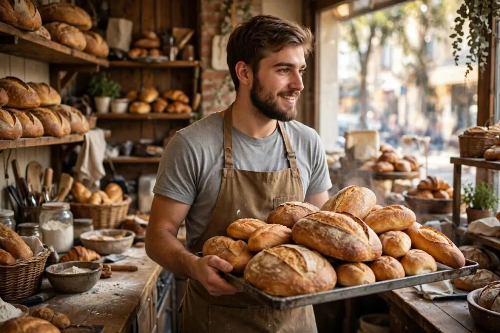 Ultra photorealistic real photograph, natural light, candid, believable, of a young bearded man in an apron standing behind the counter of a small busy bakery shop, holding a tray of fresh bread, warm daylight through shop window, no text in image, no women, Google Discover friendly bold clear subject closely tied to running an honest small business