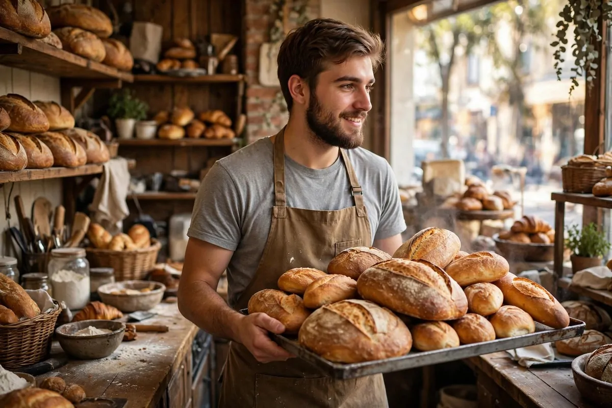 7 Lessons Warren Buffett Taught About How Business Works for Shop and Factory Owners 1 Ultra photorealistic real photograph, natural light, candid, believable, of a young bearded man in an apron standing behind the counter of a small busy bakery shop, holding a tray of fresh bread, warm daylight through shop window, no text in image, no women, Google Discover friendly bold clear subject closely tied to running an honest small business