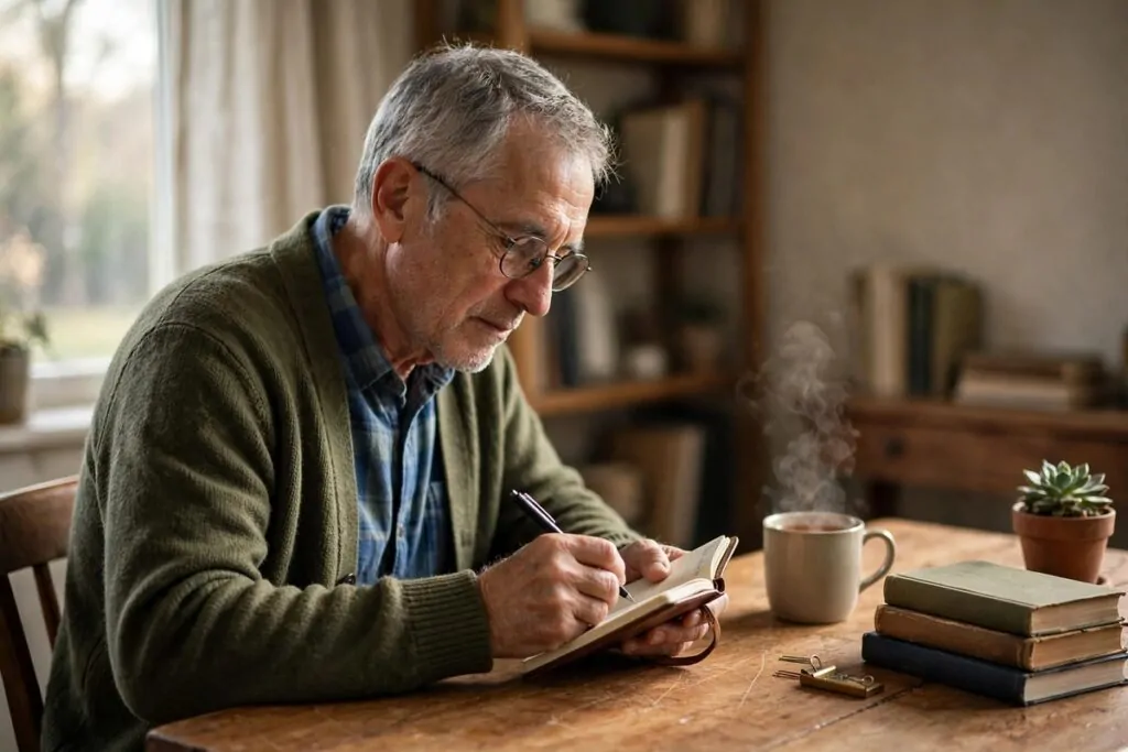Ultra photorealistic real photograph, natural light, candid, believable, of an older man in his late 60s with short grey hair and glasses, sitting at a warm wooden desk in a quiet home office, writing in a small pocket notebook, soft morning light through a window, books and a cup of tea nearby, no text in the image, no women, bold clear subject, Google Discover friendly editorial photo