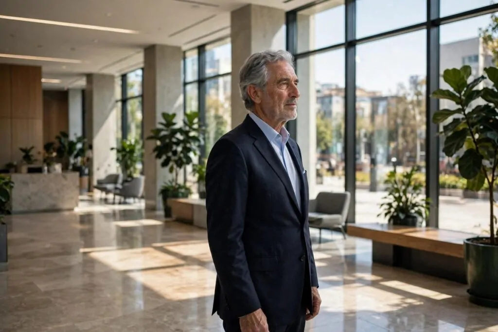 Ultra photorealistic real photograph, natural light, candid, an older distinguished man with grey hair in a dark suit standing calmly in a bright sunlit office lobby with large windows, no text in the image, no women, bold clear subject, Google Discover friendly editorial photo