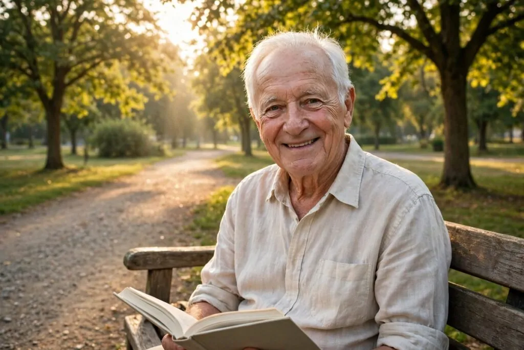 Ultra photorealistic real photograph, natural light, candid, believable, no text in image, no women or girls, an elderly man with white hair in a light casual shirt sitting on a wooden park bench under green trees in warm morning sun, smiling gently while holding an open book, peaceful park path behind him, bold clear subject, Google Discover friendly