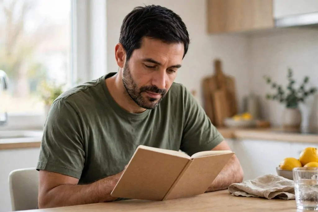 Ultra photorealistic real photograph, natural light, candid, a middle-aged man with short dark hair and a trimmed beard wearing a plain casual shirt sitting at a bright kitchen table reviewing a simple notebook with a calm focused expression, morning daylight, bold clear subject, Google Discover friendly, no text in the image, no women.