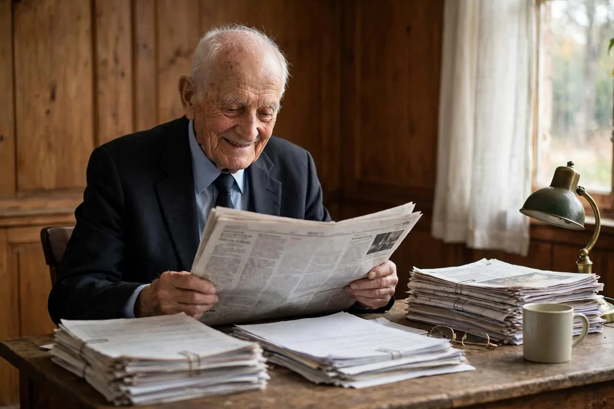 10 Stealthy Wealth Habits of Warren Buffett (The Quiet Things He Does Daily) 1 Photorealistic photo of an older distinguished man in a modest suit reading newspapers at a simple wooden desk, showing the quiet warren buffett wealth habits of daily reading