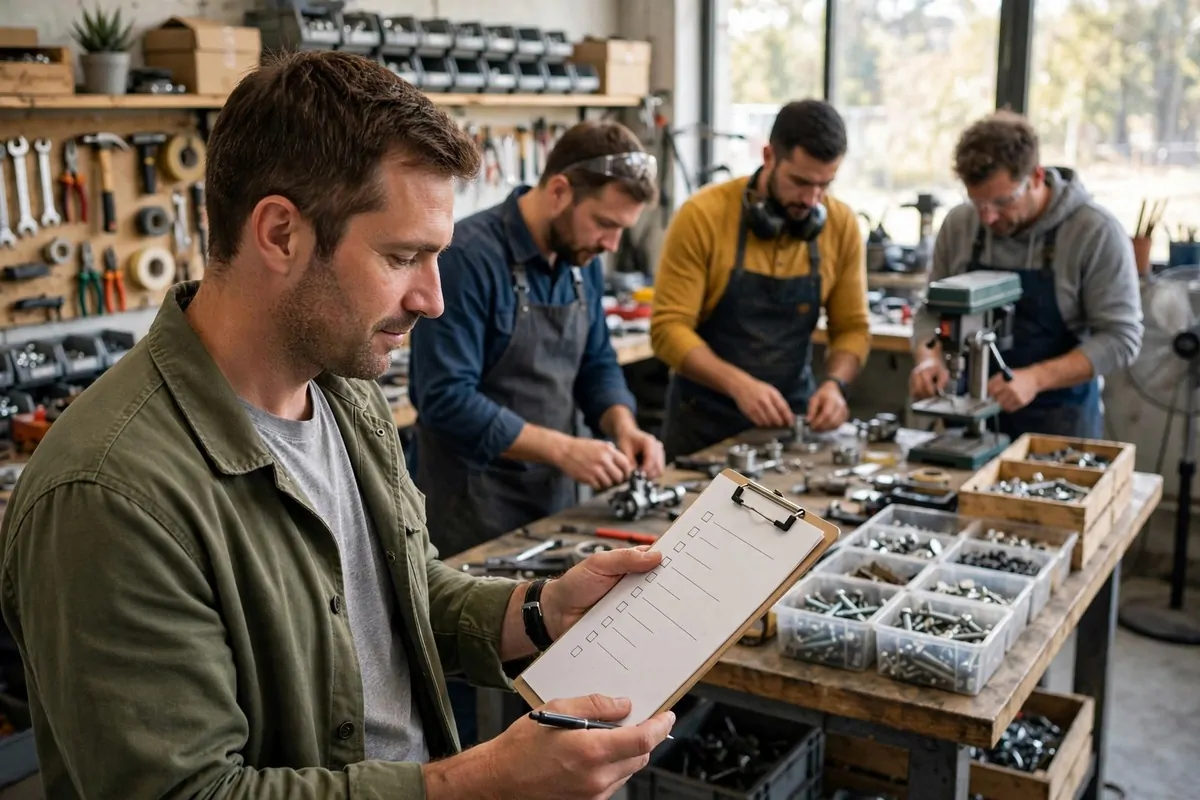 A relaxed business owner checking a checklist while his small team works in a tidy workshop, showing how to build a business that runs itself