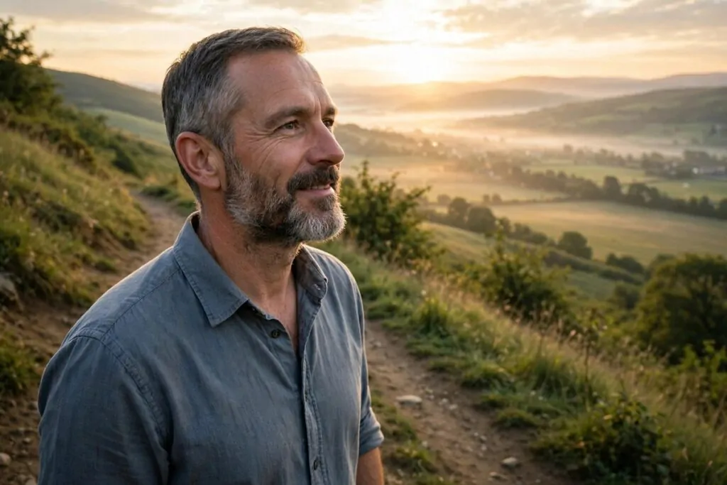 Ultra photorealistic real photograph, natural light, candid, a middle-aged man with a grey-flecked beard wearing a smart casual shirt standing on a quiet hillside path at sunrise looking toward a bright open valley, hopeful calm expression, bold clear subject, Google Discover friendly, no text in the image, no women.