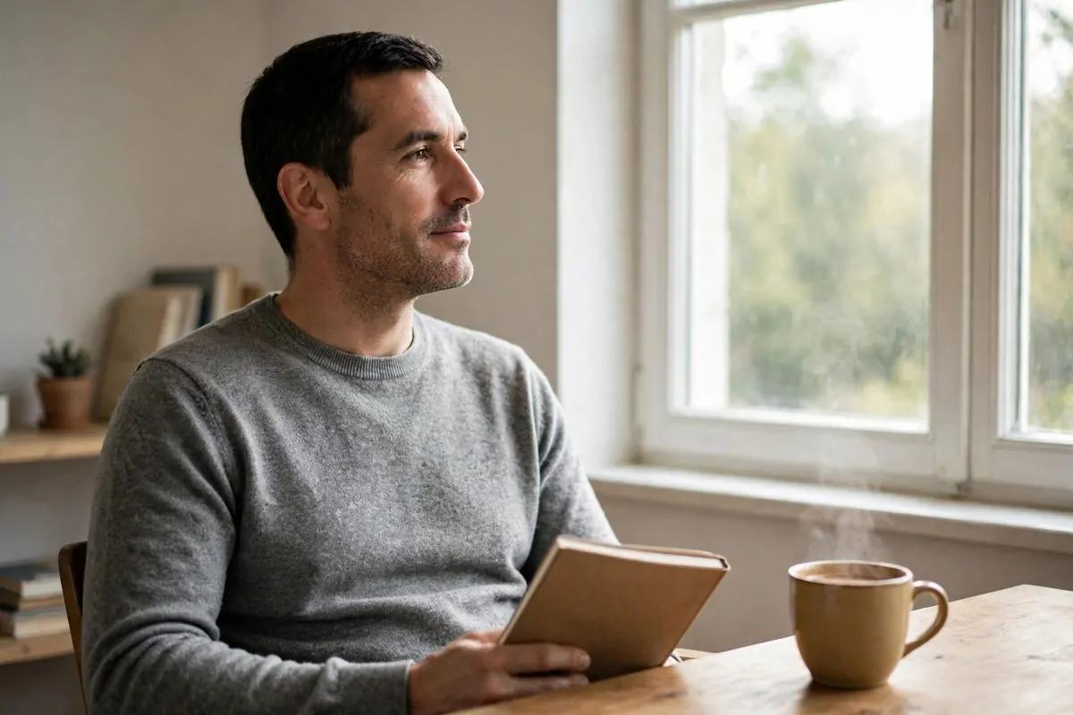 Ultra photorealistic real photograph, natural morning light, candid and believable, no text anywhere in the image, no women or girls. A calm man in his early forties with short dark hair and a plain grey sweater sits quietly by a large bright window in a simple home study, holding a closed paper notebook on his lap, eyes looking calmly toward the window, a warm cup on a wooden table beside him, soft daylight, peaceful and premium editorial quality, bold clear subject, Google Discover friendly.