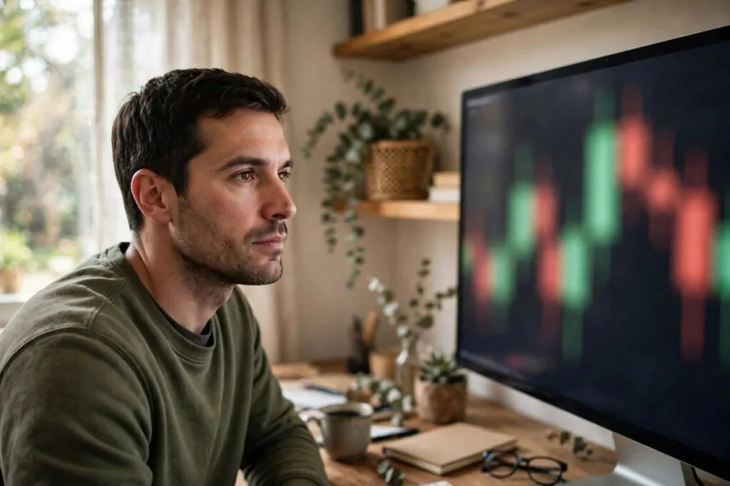 Photorealistic photo of a man studying candlestick shapes on a large monitor in a home office, with the evening star pattern explained in plain words