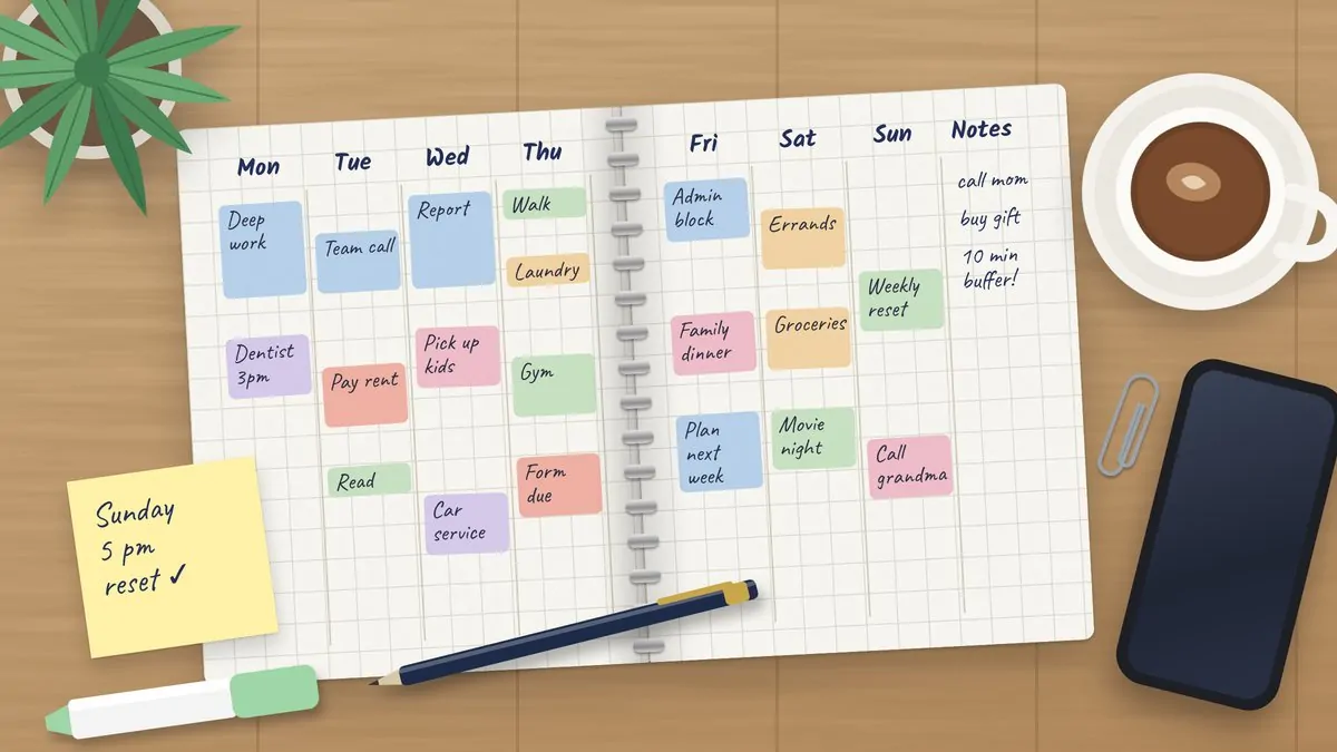 Weekly planner spread on a wooden desk with color coded time blocks and handwritten notes, a sticky note reminder for a Sunday reset, coffee and a phone