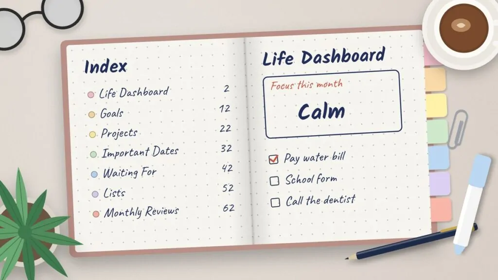 14 Life Notebook Sections Everyone Should Have 1 Current image: Open life notebook with colored section tabs showing a handwritten index page and a Life Dashboard page with a monthly focus and a short checklist