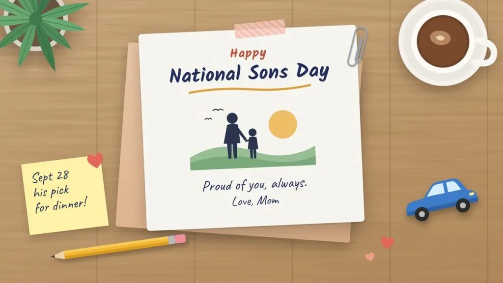 Handwritten Happy National Sons Day card with a parent and son holding hands, on a wooden desk with a sticky note, coffee, and a toy car