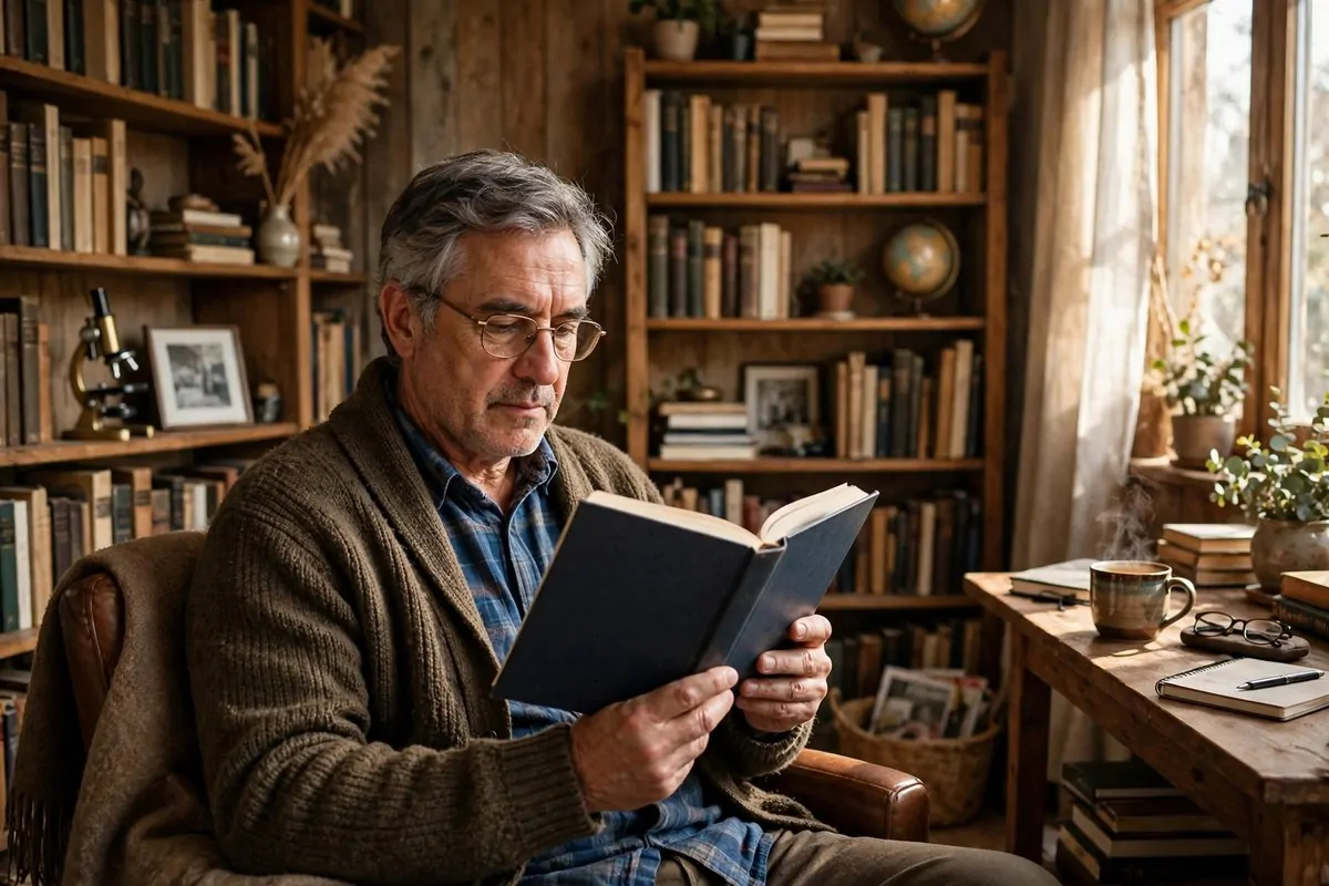 10 Financial Literacy Books Wealthy People Actually Read 1 Photorealistic photo of a middle-aged man reading a finance book in a cozy home library, learning from financial literacy books wealthy people read