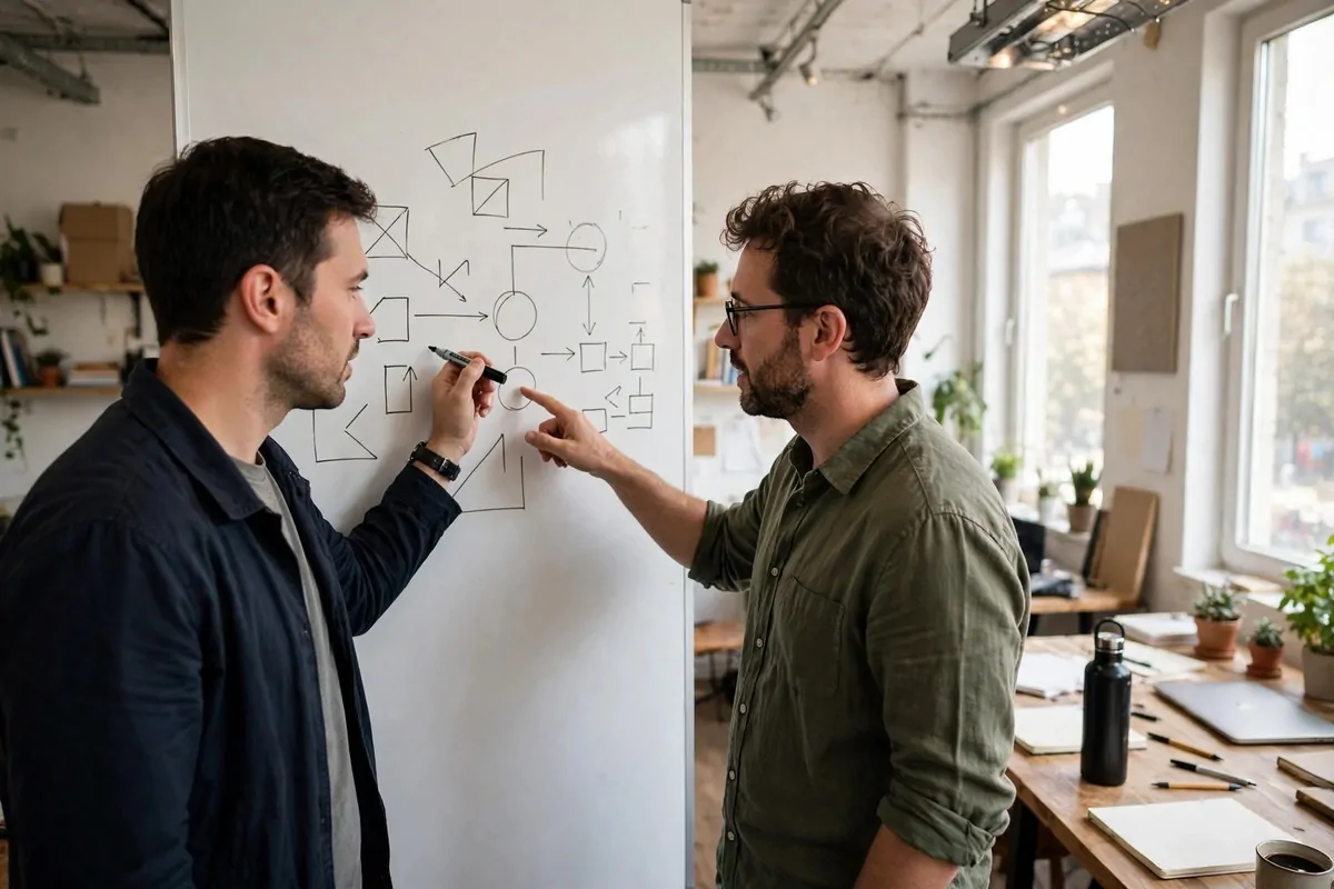 Two men planning at a whiteboard in a bright startup office, showing how to find a co-founder you can trust
