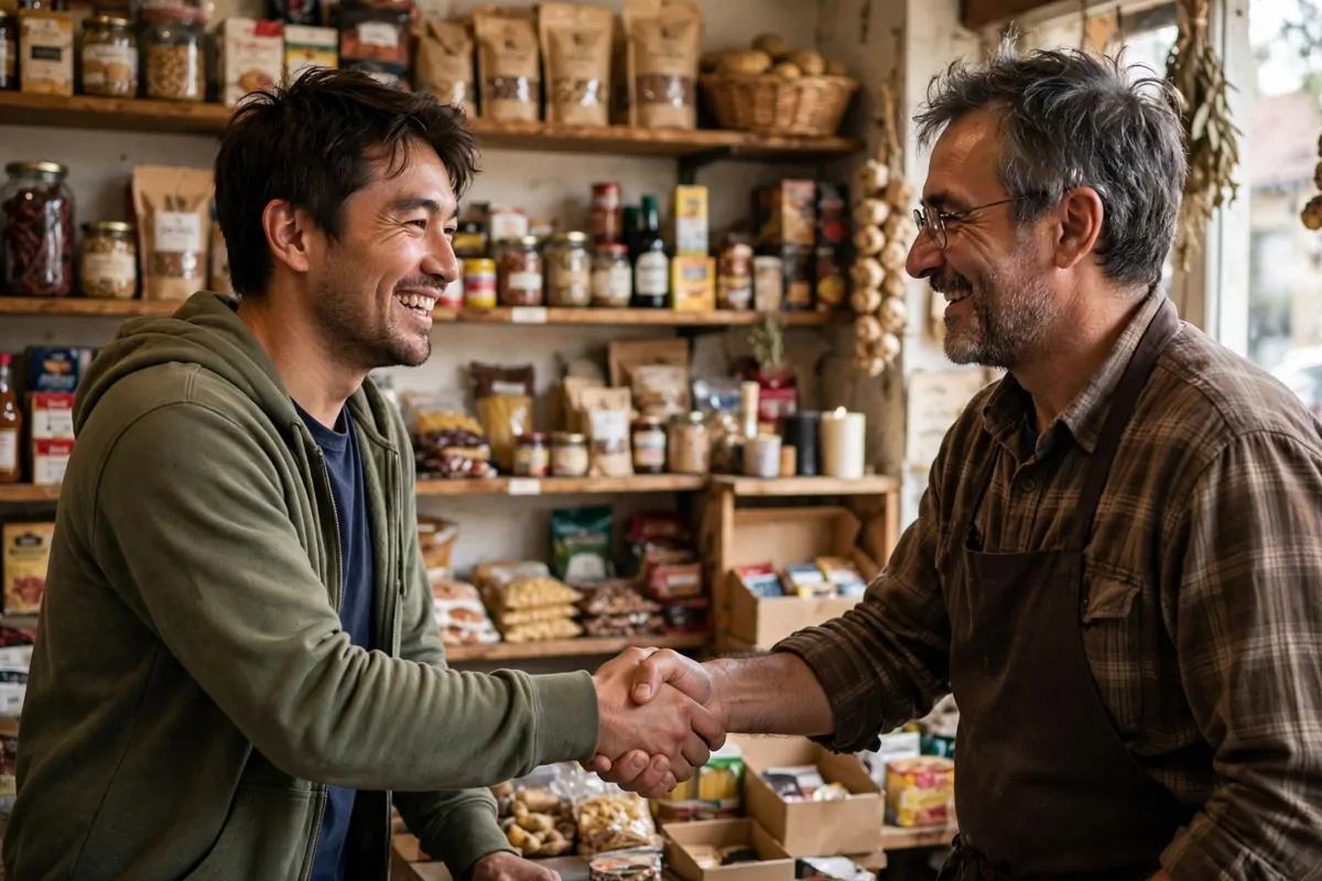 A smiling man shakes hands with a shopkeeper inside a small store, a warm moment that shows how to get your first customer