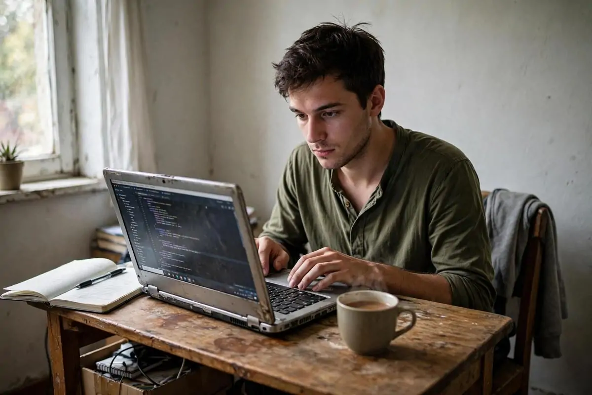 Young man working on an old laptop at a small wooden desk with a notebook and a cup of tea, showing how to grow a business without money