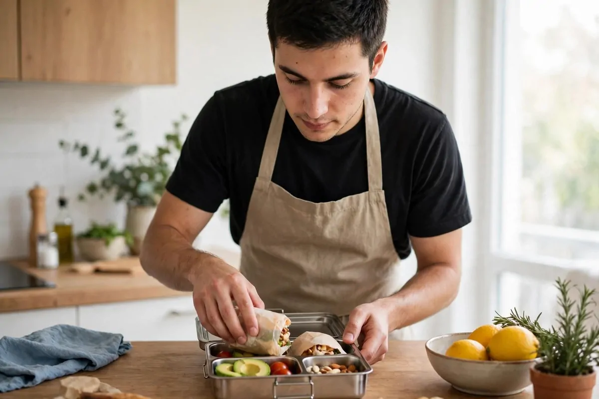 5 Small Habits That Can Gently Ease the Stress of Rising Living Costs 1 Ultra photorealistic real photograph, natural light, candid, a young adult man with short dark hair wearing a plain apron in a bright home kitchen packing a simple lunchbox on a wooden counter, calm focused expression, bold clear subject, Google Discover friendly, no text in the image, no women.