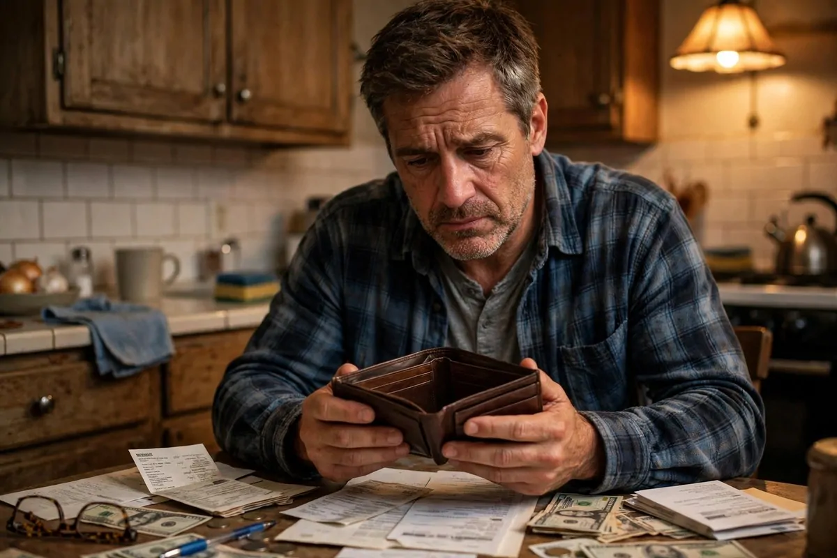 7 Habits Keeping the Middle Class Broke, According to Warren Buffett (Fix These) 1 Photorealistic photo of an honest middle-aged man in a modest kitchen holding an empty wallet over bills on a table, illustrating habits keeping the middle class broke