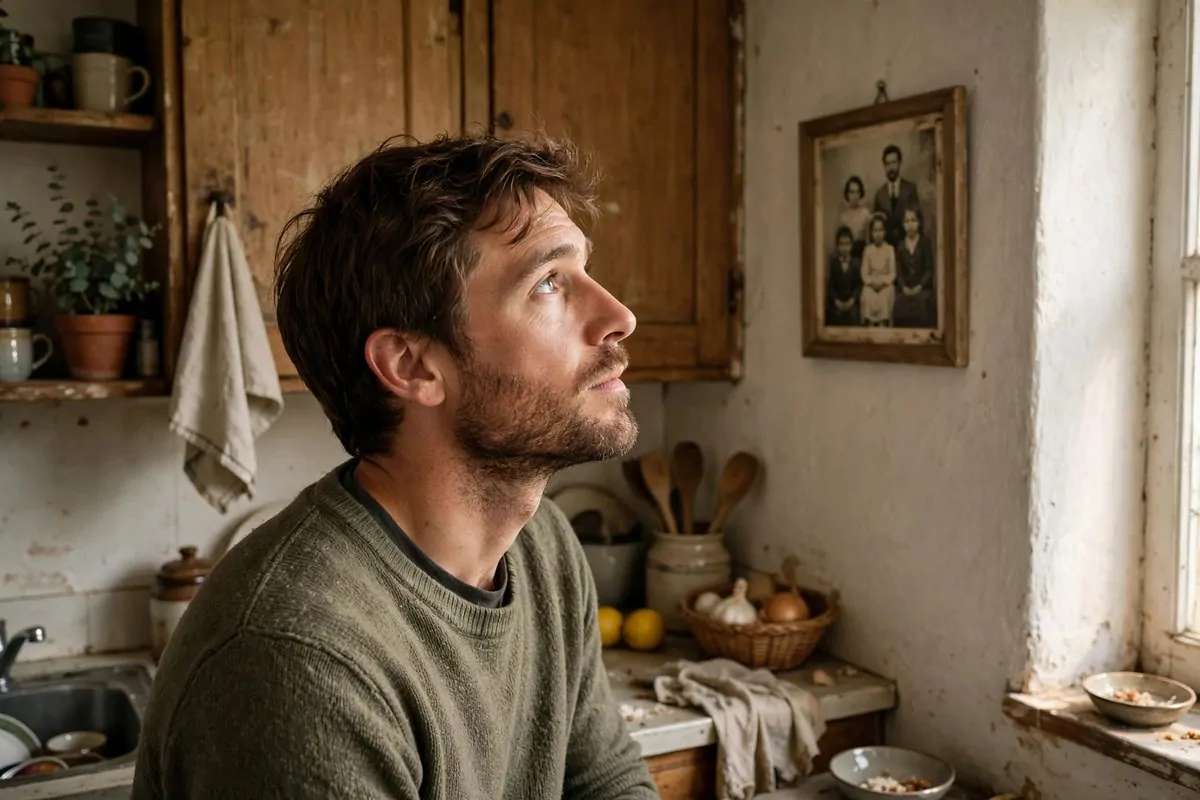 10 Habits That Reveal How You Were Raised (Small Signs, Big Story) 1 Photorealistic photo of a warm honest man in his thirties in a modest lived-in family kitchen looking at an old family photo, showing habits that reveal how you were raised