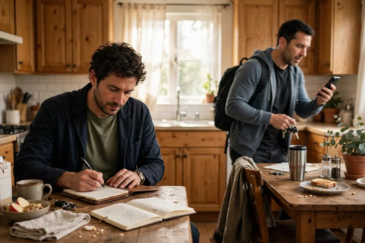 10 Habits of Upper-Class vs Working-Class People (Side by Side) 1 Photorealistic photo of two men at two different kitchen tables showing habits of upper-class vs working-class people in morning light