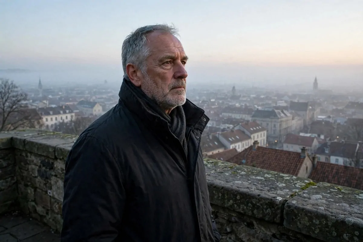 Photorealistic photo of a strong mature man in his fifties with a short grey beard standing thoughtfully at dawn overlooking a quiet city, calm and stoic.