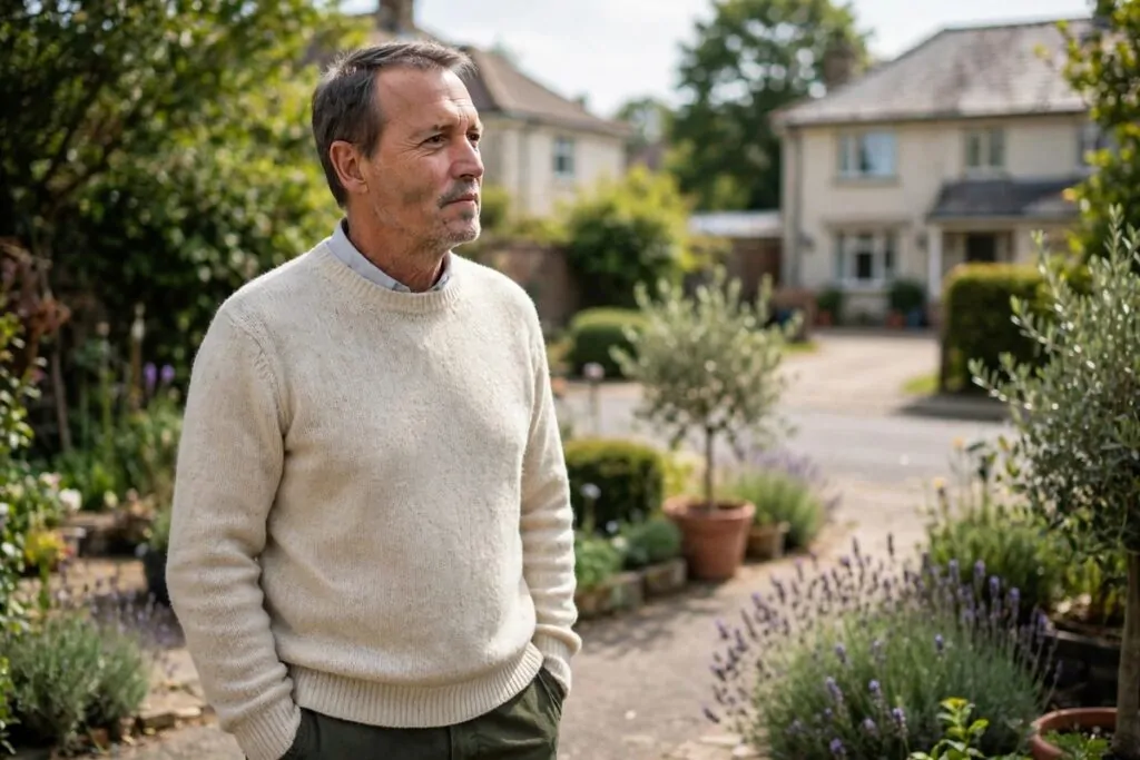 Ultra photorealistic real photograph, natural light, candid, of a reflective man in his fifties wearing a light sweater standing in a sunny garden driveway looking thoughtfully toward a neighbouring house, calm and contemplative mood, no text in image, no women, bold clear subject, Google Discover friendly editorial photography