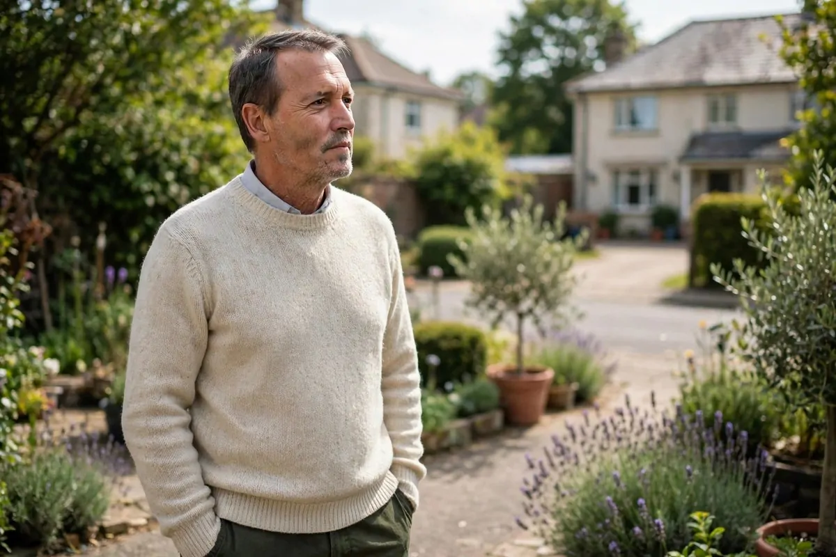5 Hard Truths About Envy That Charlie Munger Saw Clearly, and How You Can Break Free 1 Ultra photorealistic real photograph, natural light, candid, of a reflective man in his fifties wearing a light sweater standing in a sunny garden driveway looking thoughtfully toward a neighbouring house, calm and contemplative mood, no text in image, no women, bold clear subject, Google Discover friendly editorial photography