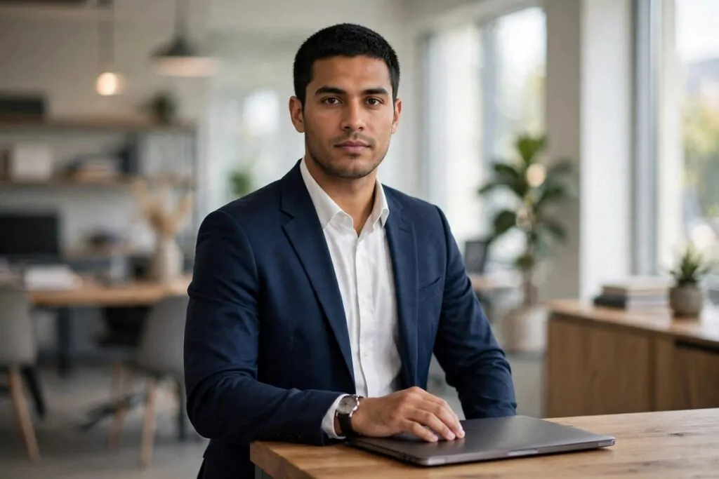 Ultra photorealistic real photograph, natural daylight, candid and believable, no text anywhere in the image, no women or girls. A confident young man in his early thirties with short black hair and a smart navy blazer stands in a bright modern office, one hand resting on a closed laptop on a clean wooden desk, looking toward the camera with a calm focused expression, blurred modern workspace behind him, crisp professional lighting, premium editorial quality, bold clear subject, Google Discover friendly.