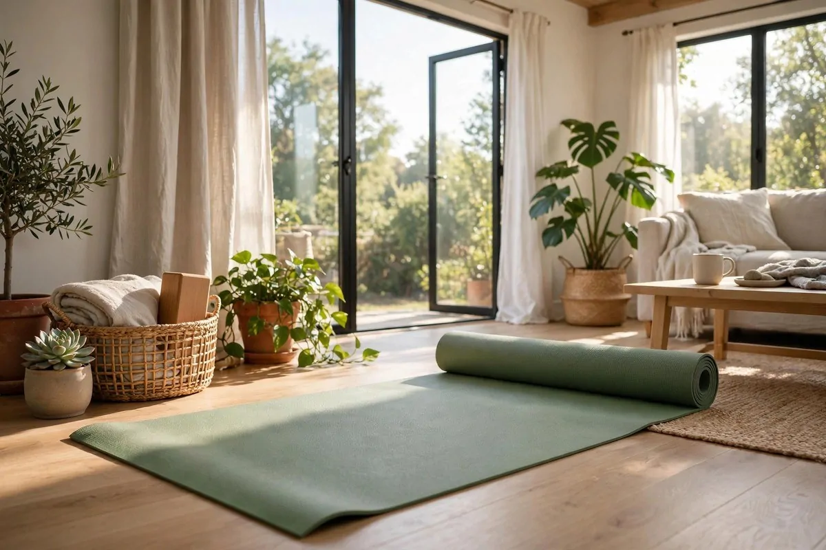 Yoga mat in a sunny living room ready for morning stretching